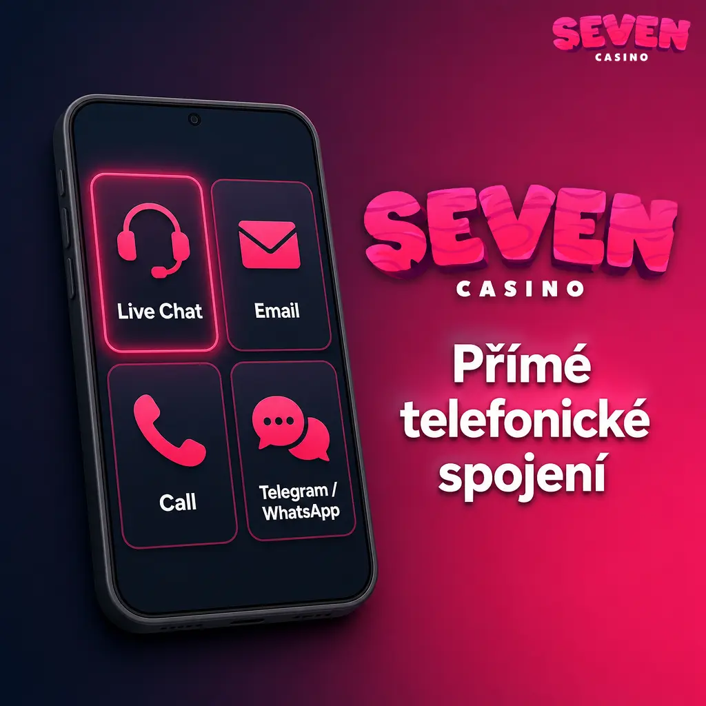 Přímé telefonické spojení na bezplatnou 24/7 linku zákaznické podpory Seven casino.
